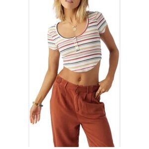 ONeill Striped Ribbed Cropped Henley Button Up Tee Shirt Size S